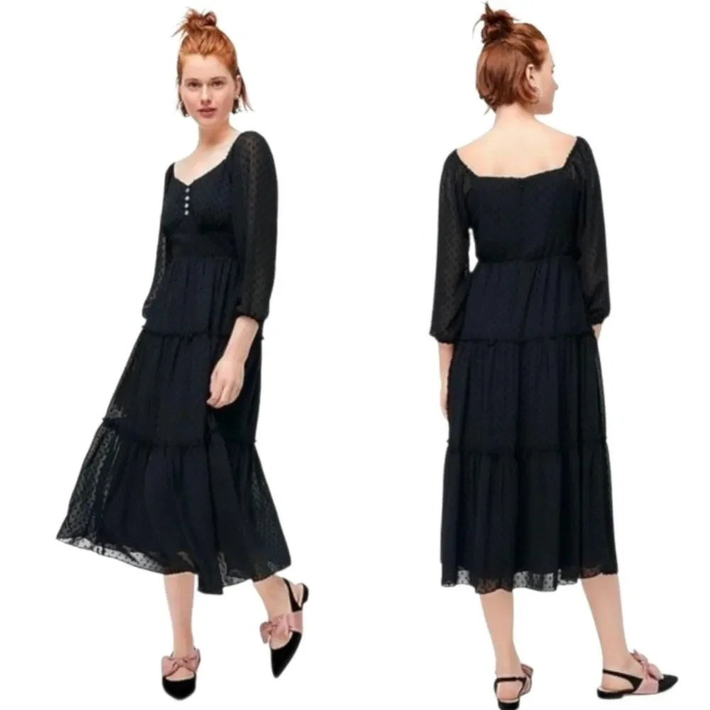 J. Crew Plus Size Tiered Black Swiss Dot Long-sleeve Midi Dress Size 24